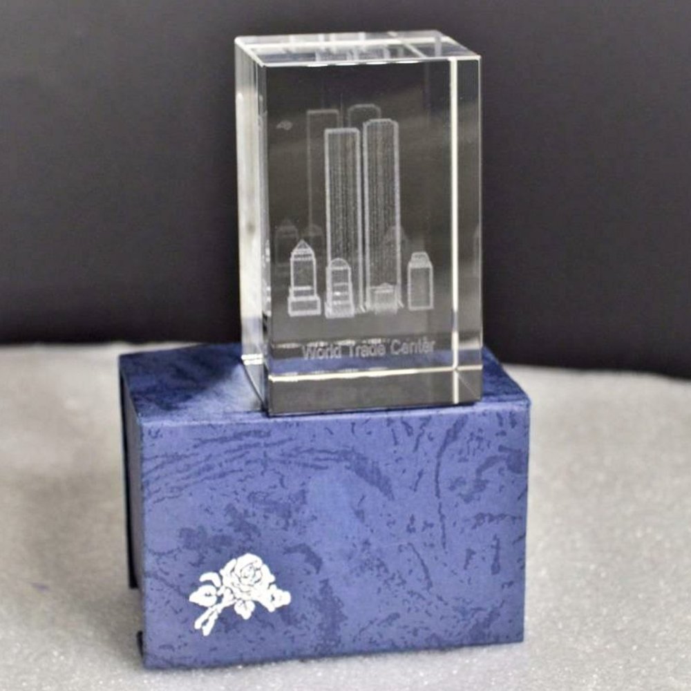 World Trade Center Etched Art Lucite Paperweight